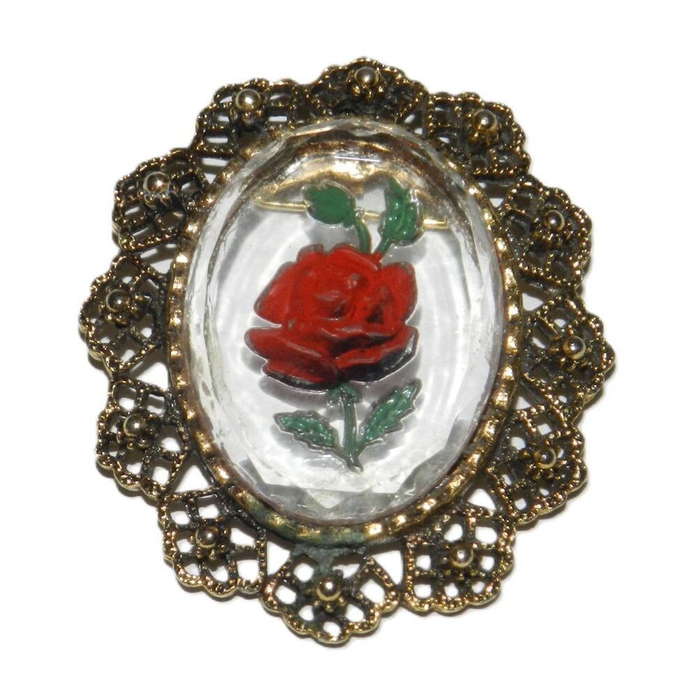 Vintage Intaglio Crystal Glass Reverse Engraved Rose Floral Brooch Pendant